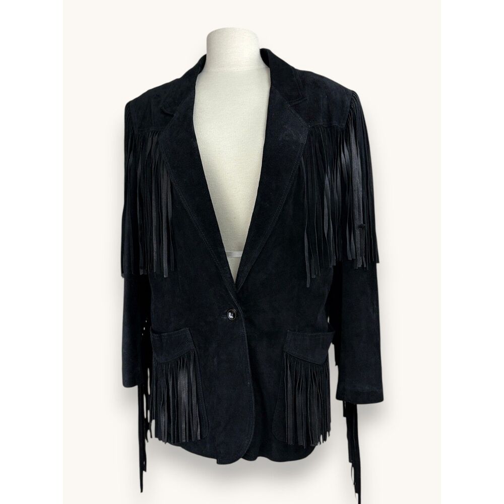 VGT Winlit Men’s M Black Genuine Leather Suede Fringe Western Jacket - Picture 4 of 6